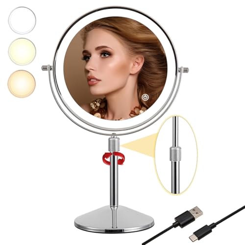 TUSHENGTU Makeup Mirror with Lights and 10x Magnifying LED Rechargeable, 360° Rotating Adjustment,Vanity Swivel Mirror 3 Colors