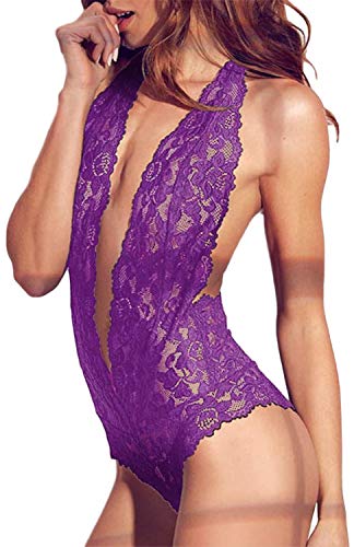 EVELUSTWomens Open Back Halter Plunging Teddy,Comfortable Scalloped Trim Lace Lingerie
