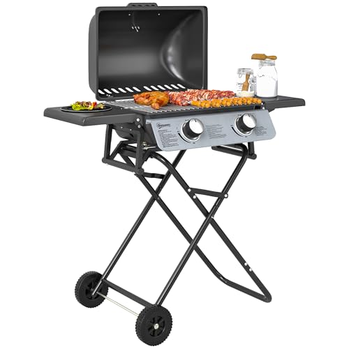 Outsunny Barbecue gaz transportable pliable, 2 brûleurs 5,6 kW barbecue gaz de camping avec grille de cuisson, étagères latérales, couvercle, thermomètre et roues, pour camping, jardin et balcon noir