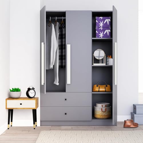 Image of Bniture Wooden Almirah for Clothes, Door for Bedroom, 3 Door Wardrobe with 2 Drawer & Hanging Space (40D x 120W x 180H CM) | 3 Year Warranty (Giant Wood & Slate Grey)