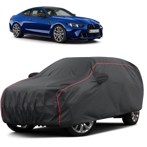 Image of Sulfar 100% Water Resistant Car Body Cover Compatible with Mirror for BMW M4 (Triple Stitched, Full Bottom Elastic, Dark Grey Taffeta with Red Piping)
