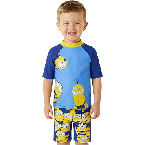 Minions Ensemble Maillot de Bain Garcon 3 à 7 Ans, Maillot de Bain 2 Pieces Rashguard Vest et Short de Plage, Ete Cadeau Garcon (6-7 Ans, Bleu/Jaune Minions)
