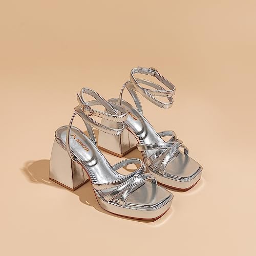 Amoji Women's Silver Platform Heels Chunky Strappy Thick Prom Dressy Wedding 305 Silver 9.5 Women3