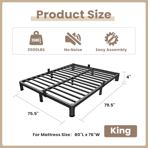 ROIL 4 inch King Size Bed Frame Metal Platform No Box Spring Needed with Round Corner Legs Mattress Stoppers Retainers 3500LBS Heavy Duty Steel Slats Noise-Free