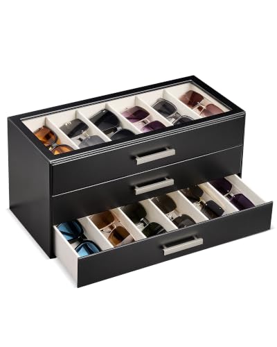 ProCase Caja para Gafas de Sol Hombre con Cajones y Tapa Transparente, Organizador Gafas Vertical de Gran Capacidad 3 Niveles para 18 Pares -Negro