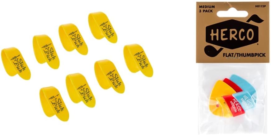 Fred Kelly Picks D2-L-8 Delrin Slick Light Guitar Pick yellow Large & JIM DUNLOP HE112P Flat Thumbpicks, Medium, 3/Player's Pack