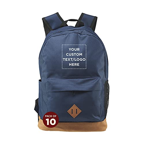 DISCOUNT PROMOS Custom Multipurpose Laptop Backpacks Set of 10, Personalized Bulk Pack - Lots of Features for Everyday Use, Perfect for Employess, Businessman - Blue