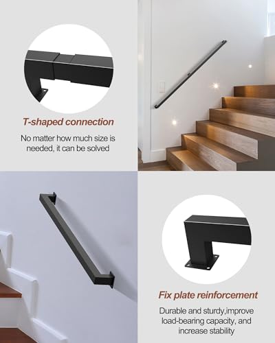 Kwdobuus 8Ft Square Tube Handrail,Wall Mount Staircase Handrail Modern Pipe Stair Industrial Stair Rail For Indoor Outdoor Steps,440Lbs Load,Carbon Steel Non-Slip Grab Handle For Loft Porch 3Sections thumb #3
