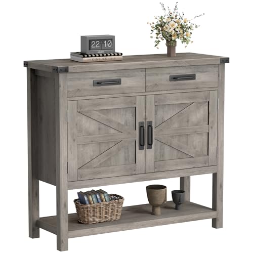 Farmhouse Console Table with 2-Door Cabinet & 2 Drawers, Coffee Bar, Entryway Table with Storage Shelf, Sofa Tables Buffet Sideboard for Kitchen, Hallway, Dining, Living Room, Grey