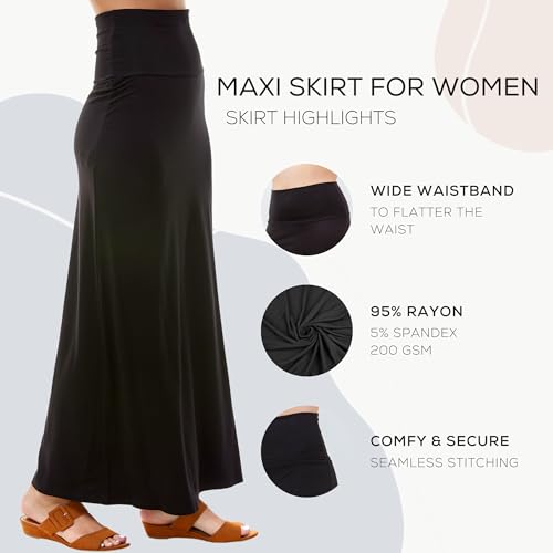 Azules Women's Maxi Skirt: Elegant, Soft, Stretchy Flowy Rayon Boho, High Waist Fold Over – Versatile for Any Occasion.4