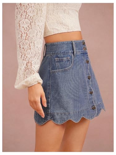 WDIRARA Women's High Waisted Button Front Scalloped Denim Skirt Aline Mini Jean Skirts3