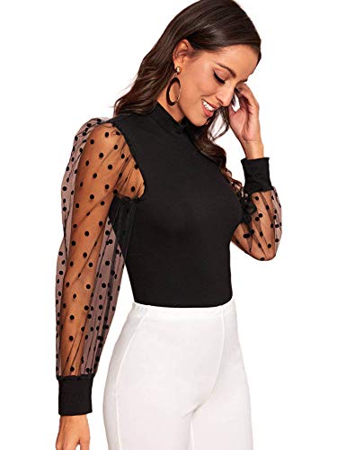 Verdusa Women's Polka Dots Sheer Mesh Long Sleeve Mock Neck Blouse (Small, Black) #TOP2