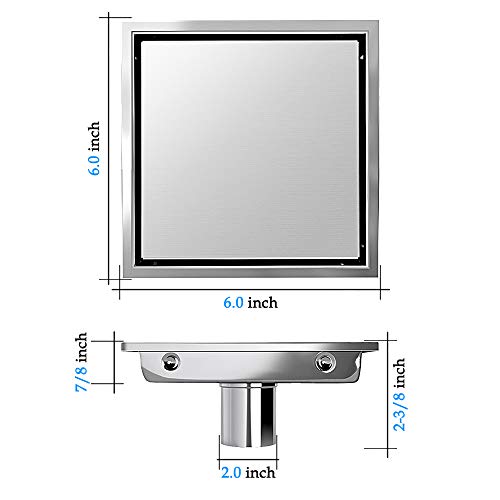 USHOWER 6-Inch Square Shower Drain, Tile-insert &Flat Cover 2-in-1 Brushed Nickel 304 Stainless Steel Shower Floor Drain, Includes Drain Flange Kit - Thumbnail 7