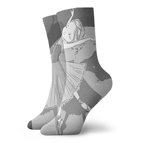 Fashion Compression Socks,Greyscale Style Hand Drawn Illustration Of Dancing Ballerina Girl With Shadow,Performance Polyester Cushioned Athletic Crew Socks for Running,Athletic, -12 inch