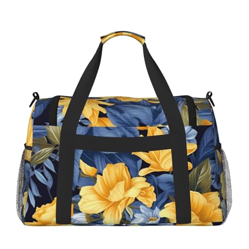 Blue Base Yellow Floral Travel Duffel Bag Lightweight Waterproof Carry On Tote Bag Foldable Weekender Overnight Bags Sport Gym Bag For Women Men2
