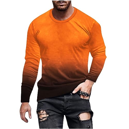 Muscularfit Camisetas de manga larga para hombre, con estampado de mármol gráfico, casual, sudaderas grandes y altas con cuello redondo, camisetas deportivas, #B10-naranja, Large