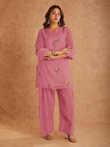 Image of ANNI Designer Farshi Salwar Suit for Women Viscose Embroidered | Co Ord Set for Woman | Straight Kurta Palazzo Outfit Round Neck V Slit 3 /4 Sleeve Ethnic Dress Womens Clothing