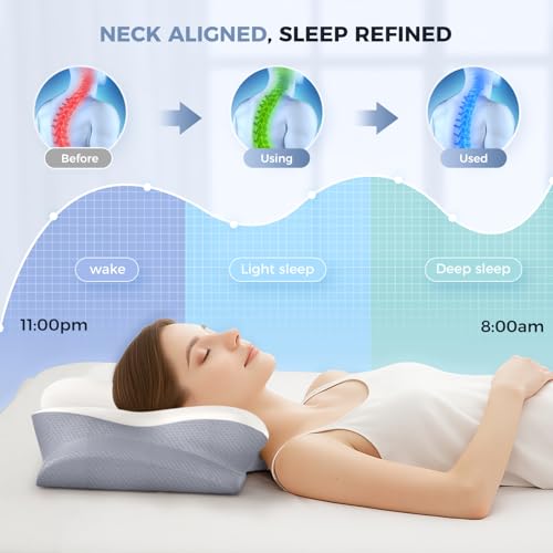 Cervical Neck Pillow, Memory Foam Pillows for Neck and Shoulder Pain Relief, 2 Heights Ergonomic Pillow with Breathable Ice Silk Cover, Neck Support Pillow for Side Back Stomach Sleepers, Odorless