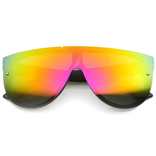 Modern Fashion Flat Top Flash Mirror Shield Plastic Aviator Sunglasses (Black/Sun)