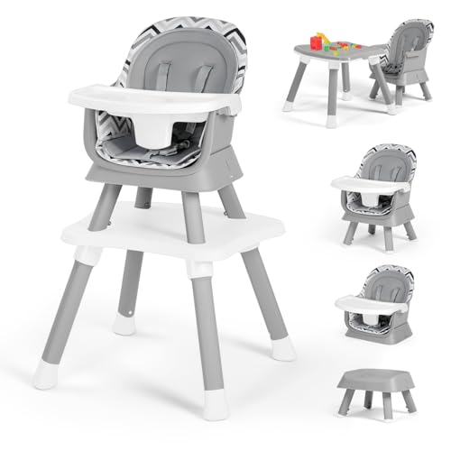 Image of Kinder King 8 in 1 Baby High Chair, Coverts to Dining Booster Seat/Kids Table & Chair Set/Toddler Building Block Table/Kids Stool, Removable Tray & Double Seat Cover, Easy to Wipe, Wavy Grain