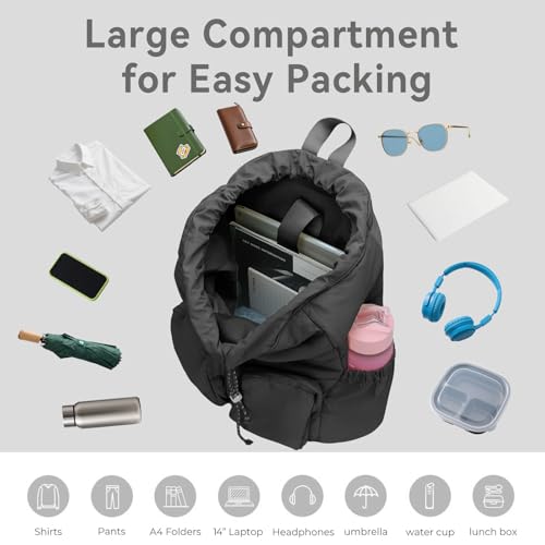 MICOM Travel Backpack for Women Puffer College Laptop Bookbag Drawstring Casual Daypack Lightweight for Women Travel (Black)4
