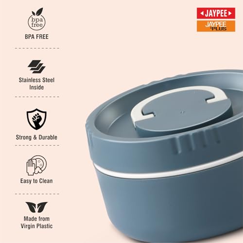 Image of Jaypee Plus Snackpac Airtight Leakproof Container 400 ml Lunch Box for School, Office, Ideal for Snacks and Meal, Keeps Food Hot & Fresh Inner Stainless Steel Easy to Carry Handle, Mirror Grey