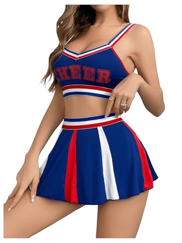 Catálogo para Comprar On-line Ropa de Cheerleading y animación para Mujer los 10 mejores. 42 SHENHE - Disfraz de animadora de 3 piezas para mujer, conjunto de lencería a rayas, color azul, blanco, rojo, talla M