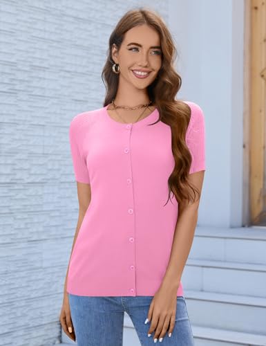 Image of FreshNight Women's 2025 Short Sleeve Cardigan Button Up Hollowed Out Crewneck Shrug Sweaters Knit Sweater Tops Lightweight