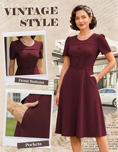 Image of Wedtrend 1950's Vintage Dresses for Women Modest Church Dress with Pockets Short Sleeve Tea Party A-Line Cocktail Dresses