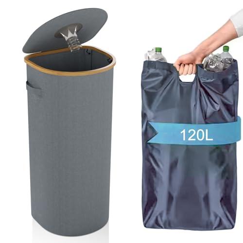 120L Papelera de Reciclaje Gris para Cocina,Interior y Exterior,Papelera de Reciclaje Grande con Tapa,Cubo de Basura de Cocina Alto de 32 Galones,Contenedor de Residuos y Botellas para Interior