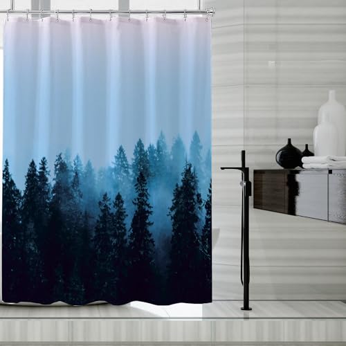 Image of LLSCL Fabric Shower Curtain Liner with Magnets, Blue Forest Waterproof Hotel Quality, 72 x 72 Machine Washable