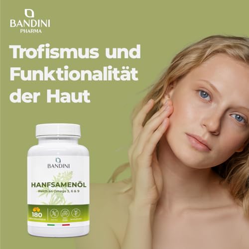 Bandini® Hanföl 1000mg pro Weichkapsel | 180 Softgel-Kapseln | Kaltgepresst Hanfsamenöl für 6-Monats-Vorrat | Reich an Omega 3, 6 und 9 | ALA, Linol- und Ölsäure | 1 Softgel pro Tag | Hemp Seed Oil