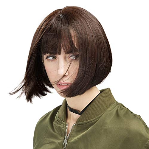 Perruque cheveux raides courte avec frange brune synthétique pour femme pour un look naturel au quotidien