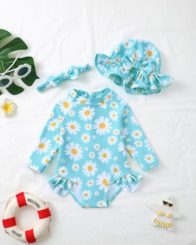 Image of SODLON Baby Girl Swimsuit Long Sleeve One-Piece Infant Bathing Suit 3M-3T | Girls Swim Suit with Hat & Zipper & Headband, Rash Guard Ruffle Swimwear, Toddler UPF 50+ Swimsuits, Baby Beach Essentials