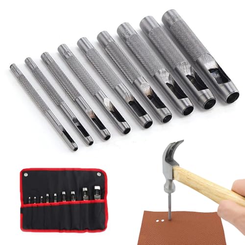 Bztzhm 9 Stück Locheisen Satz Leder, Hohl Locher, Stahllocheisen, Locheisen Set, Hohl Punch Set, für Leder, Uhrenarmband, Dichtung Gürtel, Schuh, Stoff, Leinwand Kleidung