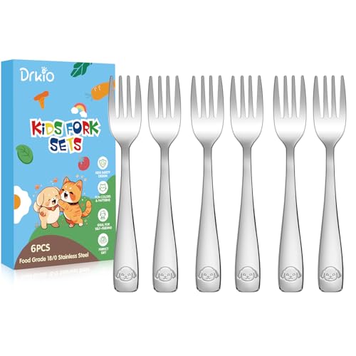 DRKIO Stainless Steel Toddler Forks Set - 6 Pieces Kids Forks Set Children Safe Food Grade Kids Silverware Small Forks Metal Toddler Utensils Dishwasher Safe Mirror Polished