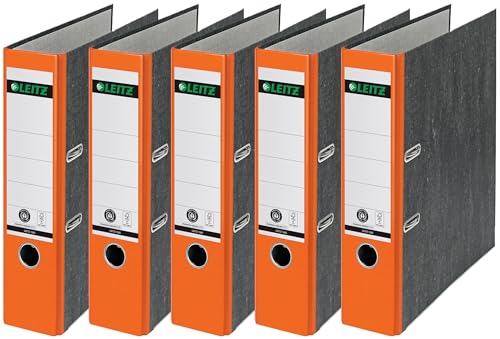 Leitz Qualitäts-Ordner, das Original, DIN A4 Aktenordner 8 cm breit, Wolkenmarmor-Papier, Recycling-Ordner, Blauer Engel, Mit 180° Mechanik, Höchste Stabilität (Breit, Orange, 5 Stück)
