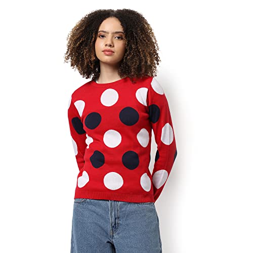 Image of Campus Sutra Women Red Polka Dot Regular Fit Sweater for Winter Wear | Round Neck | Full Sleeve | Woolen Sweater | Casual Jacket for Woman & Girl | Western Stylish Jacket for Women