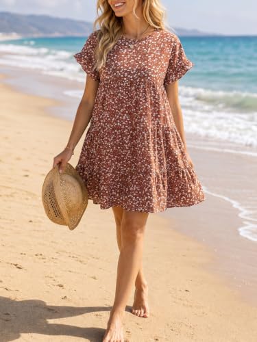 Image of Chuanqi Womens Ruffles Boho Floral Printed Babydoll Loose Swing Casual Short Mini T-Shirt Dress