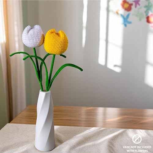 Image of Tulip Crochet Flowers | Handcrafted Artificial Faux Woolen Flower with Long Stem | Natural Looking Knitted Flower for Home, Living Room, Vase & Bouquet Decoration & Gifting | White & Yellow