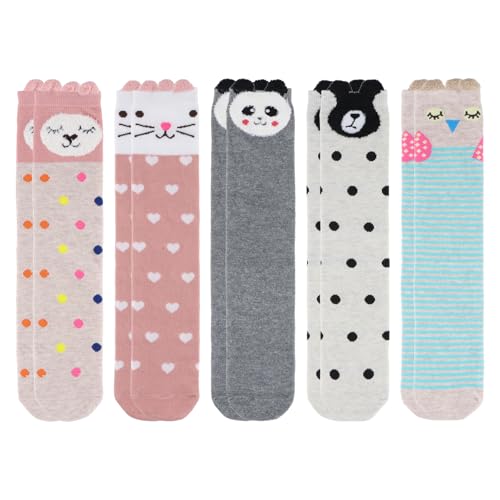 5 par Calcetines altos niña, Suave y cómodo calcetines sin costuras niños con patrón de dibujos animados lindo, Agradable a la piel y transpirable Calcetines Algodón Hasta la Rodilla Niñas 3-12 años
