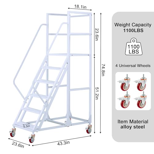 Image of 6 Step Rolling Ladder - Mobile Rolling Stairs with Wheels, Heavy Duty Industrial Safety Non-Slip Metal Rolling Ladders, 1100lbs Capacity, for Warehouse, Garage, Supermarket