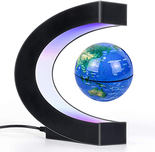 Fuyooh Magnetic Levitating Globe with LED Light, 4'' Rotating Earth Globe Ball with World Map, Creative Tech Gift for Boyfriend Father Kids (Blue)