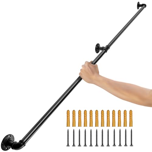 VEVOR Pipe Stair Handrail 6FT Staircase Handrail 440LBS Load Capacity Carbon Steel Pipe Handrail Industrial Pipe Handrail with Wall Mount Support Round Corner Wall Handrailings for Indoor Outdoor
