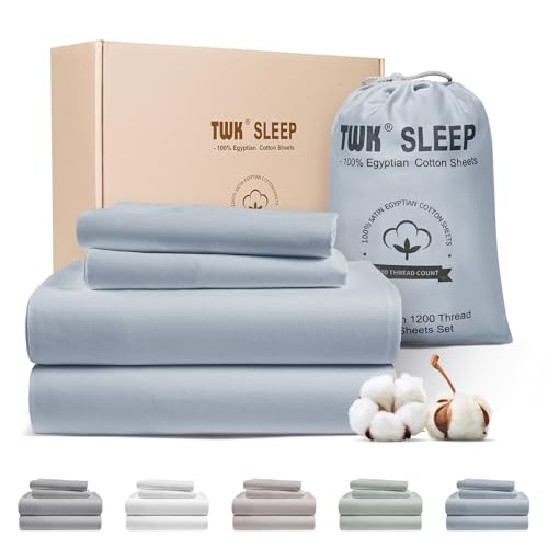 TWK 1200 TC 100% Egyptian Long-Staple Cotton Bedding Sheets Set, Luxury Hotel Style Deep Pocket with Elastic Reinforced Seams Sheet Set, Soft & Comfy Natural Sheets (French Blue, King)