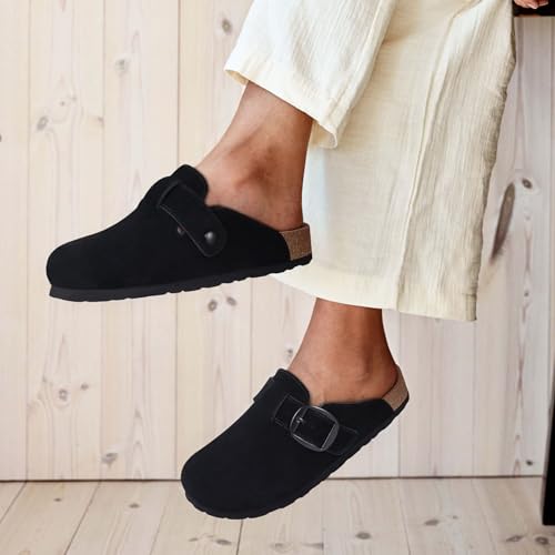 KIDMI Genuine Suede Clogs for Women Memory Foam Cork Footbed Potato Shoes Slip On Leather Mules with Big Buckle