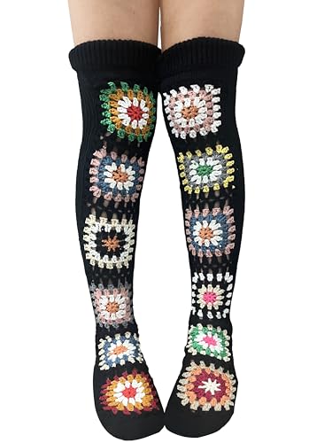 Image of SherryDC Women's Hangmade Flower Cable Knit Thigh High Socks Over Knee High Long Leg Warmers