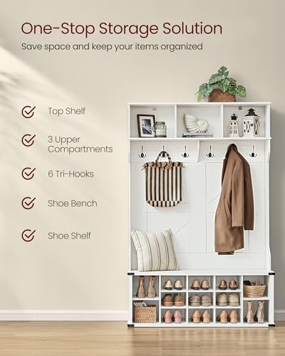 VASAGLE Hall Tree with Bench and Shoe Storage, Coat Rack with Shoe Bench, Entryway Furniture, 16 Open Compartments, 6 Tri-Hooks, Farmhouse Style, Space Saving, Rustic White UHSR427W02