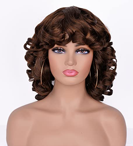 ANNIVIA Short Curly Wigs for Women with Bangs Big Bouncy Fluffy Kinky Curly Wig Soft Synthetic Short Curly Afro Wigs (M1B/30 Deep Nut Brown)