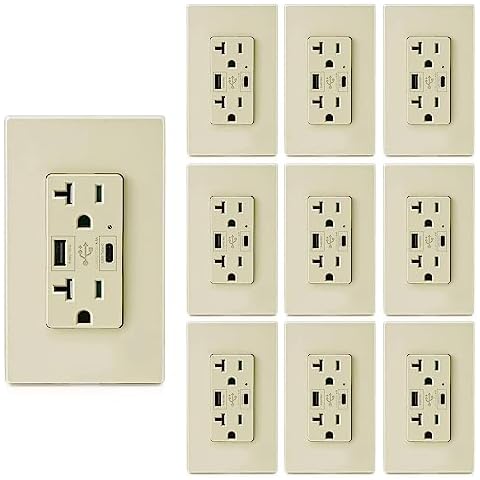 Micmi USB C + A PD Power Delivery 24W Outlet Wall Dual High Speed Receptacle Smart Fast Charging Capability, 20Amp Tamper Resistant Wall Plate Included UL Listed (10, Ivory, 24W USB c PD 20Amp outlet) Cover